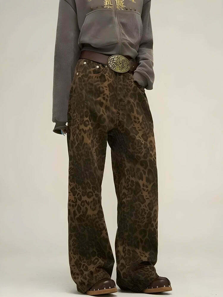 Trendy Y2K Leopard Straight Leg Cargo Pants - Stylish Print for Bold Fashion Statements