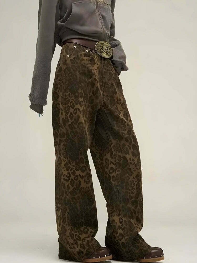 Trendy Y2K Leopard Straight Leg Cargo Pants - Stylish Print for Bold Fashion Statements