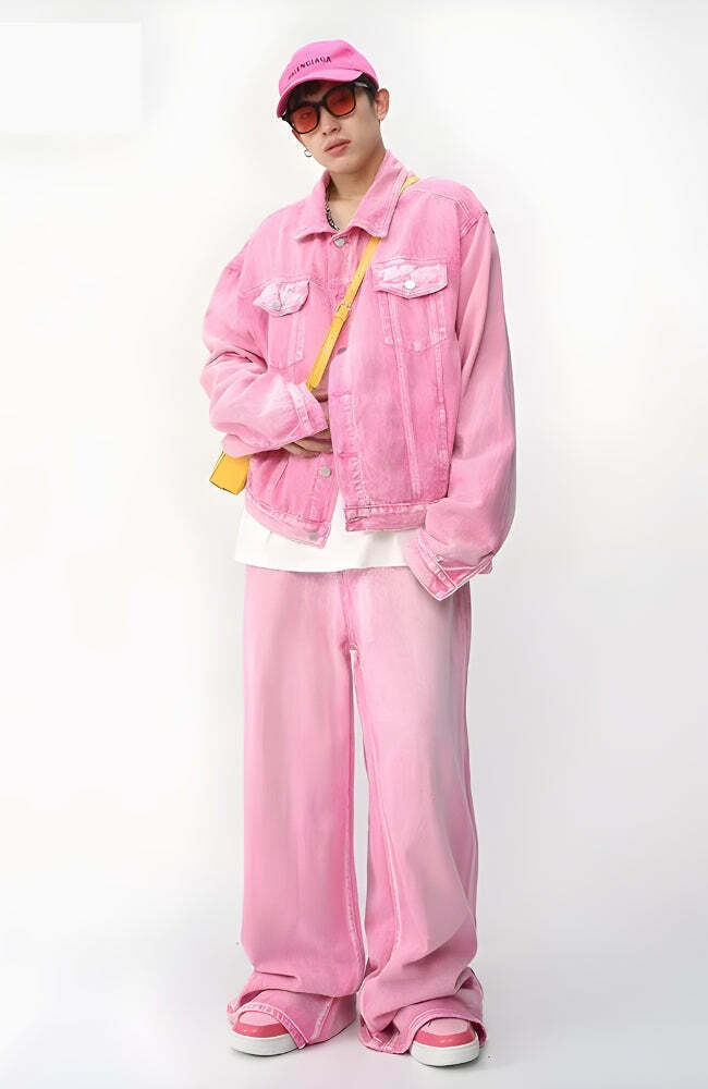 Trendy Y2K Pink Denim Jacket & Pants Two-Piece Set - Stylish Jean Jacket and Pants Combo