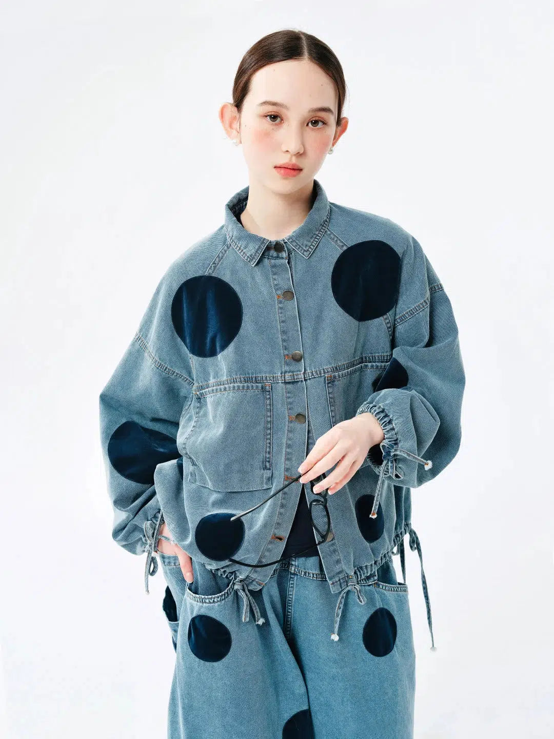 Trendy Y2K Polka Dot Button Up Denim Jacket - Stylish Baggy Fit for Effortless Chic