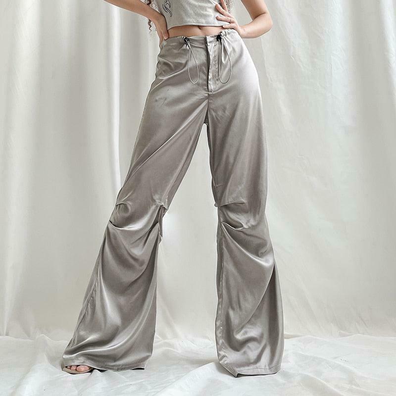 Trendy Y2K Satin Wide Leg Pants in Vibrant Orange - Stylish Parachute & Cargo Design