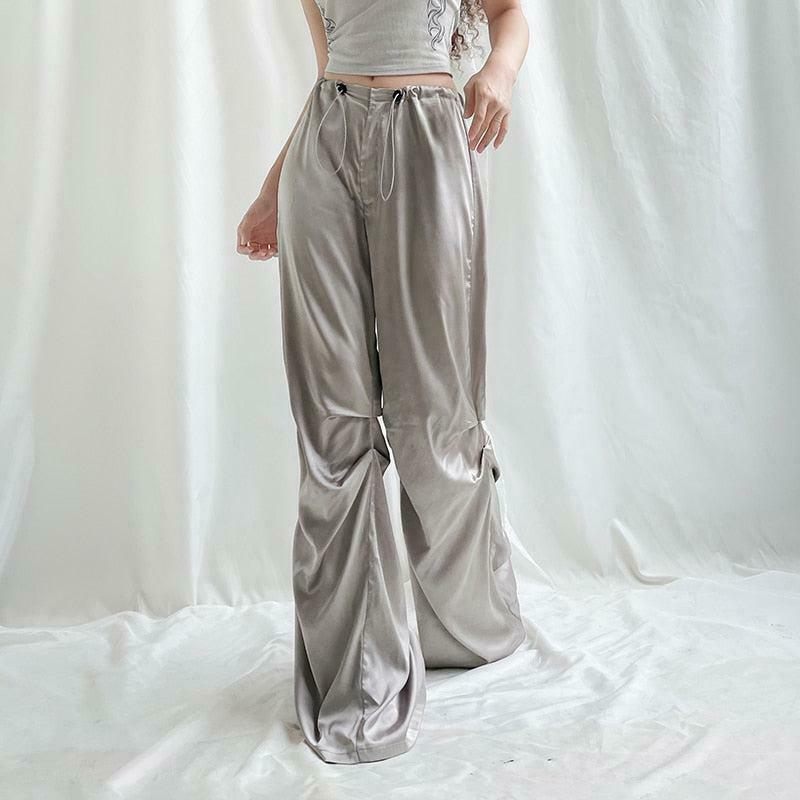 Trendy Y2K Satin Wide Leg Pants in Vibrant Orange - Stylish Parachute & Cargo Design