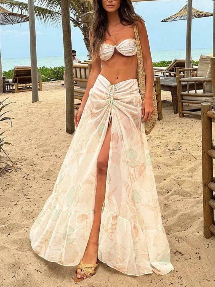 Trendy Y2K Sea Shell Three Piece Bikini Set with Stylish Bow Corset and Denim Jacket