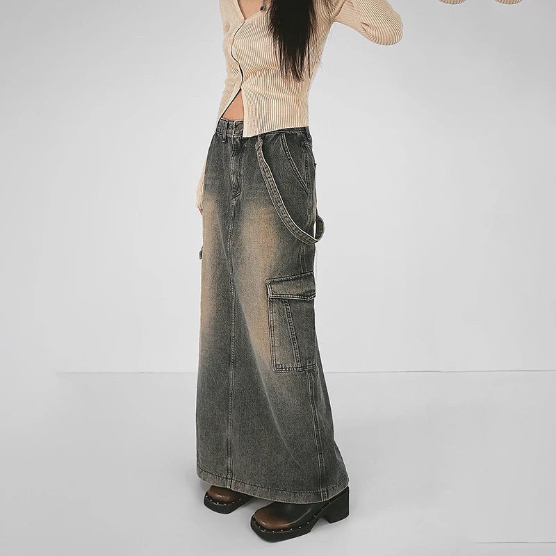 Trendy Y2K Side Strap Cargo Maxi Skirt in Khaki - Stylish Pleated Design for Unique Outfits