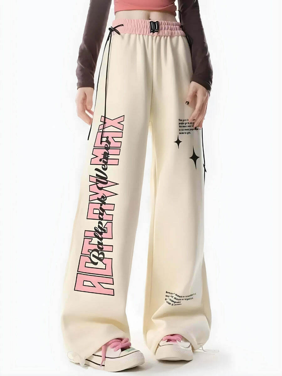 Trendy Y2K Soft Girl Lace Up Sweatpants with Bow Detail and Star Print in Grey Corduroy