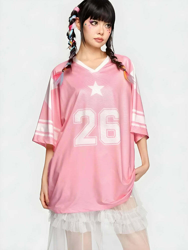 Trendy Y2K Soft Girl Star Jersey Top - Stylish Crop Top with Bow Tie Detail & Star Aesthetic