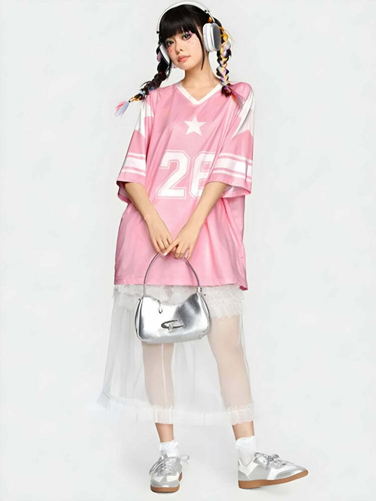 Trendy Y2K Soft Girl Star Jersey Top - Stylish Crop Top with Bow Tie Detail & Star Aesthetic