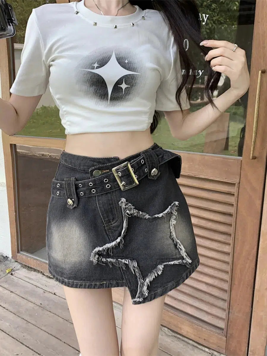 Trendy Y2K Star Asymmetric Denim Mini Skirt - Stylish Casual Wear for Fashion Lovers