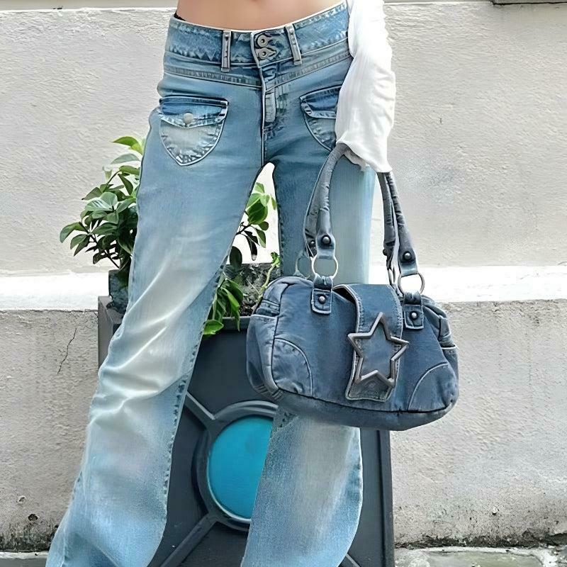 Trendy Y2K Star Denim Bag - Stylish Aesthetic Tote for Fashion-Forward Looks