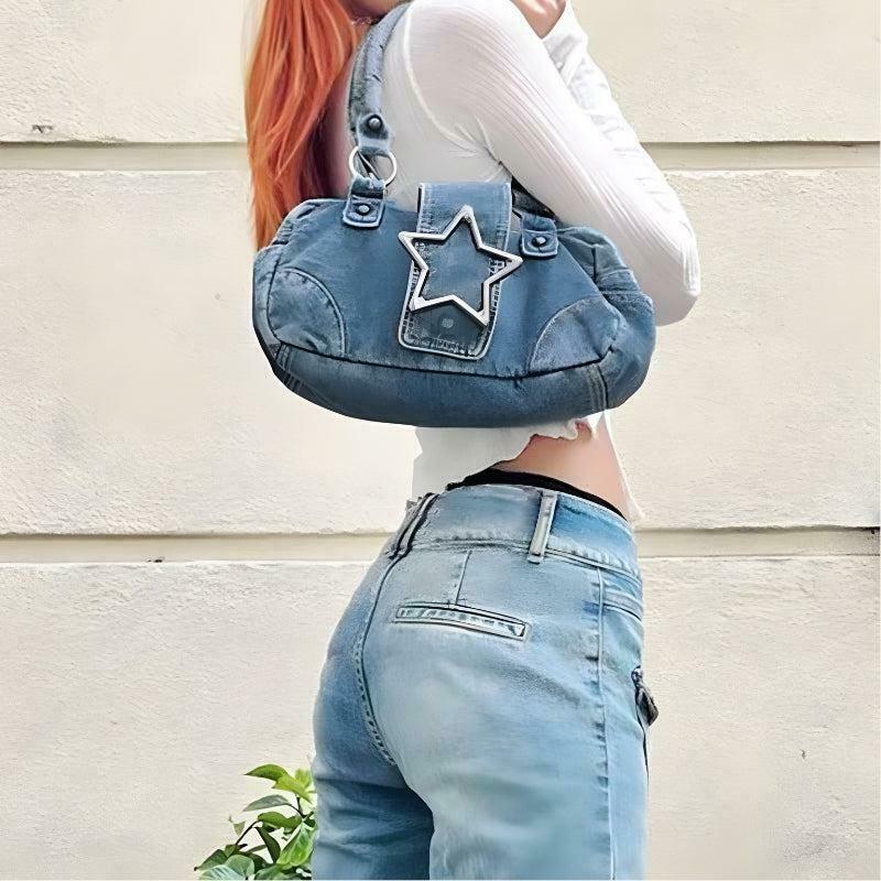 Trendy Y2K Star Denim Bag - Stylish Aesthetic Tote for Fashion-Forward Looks