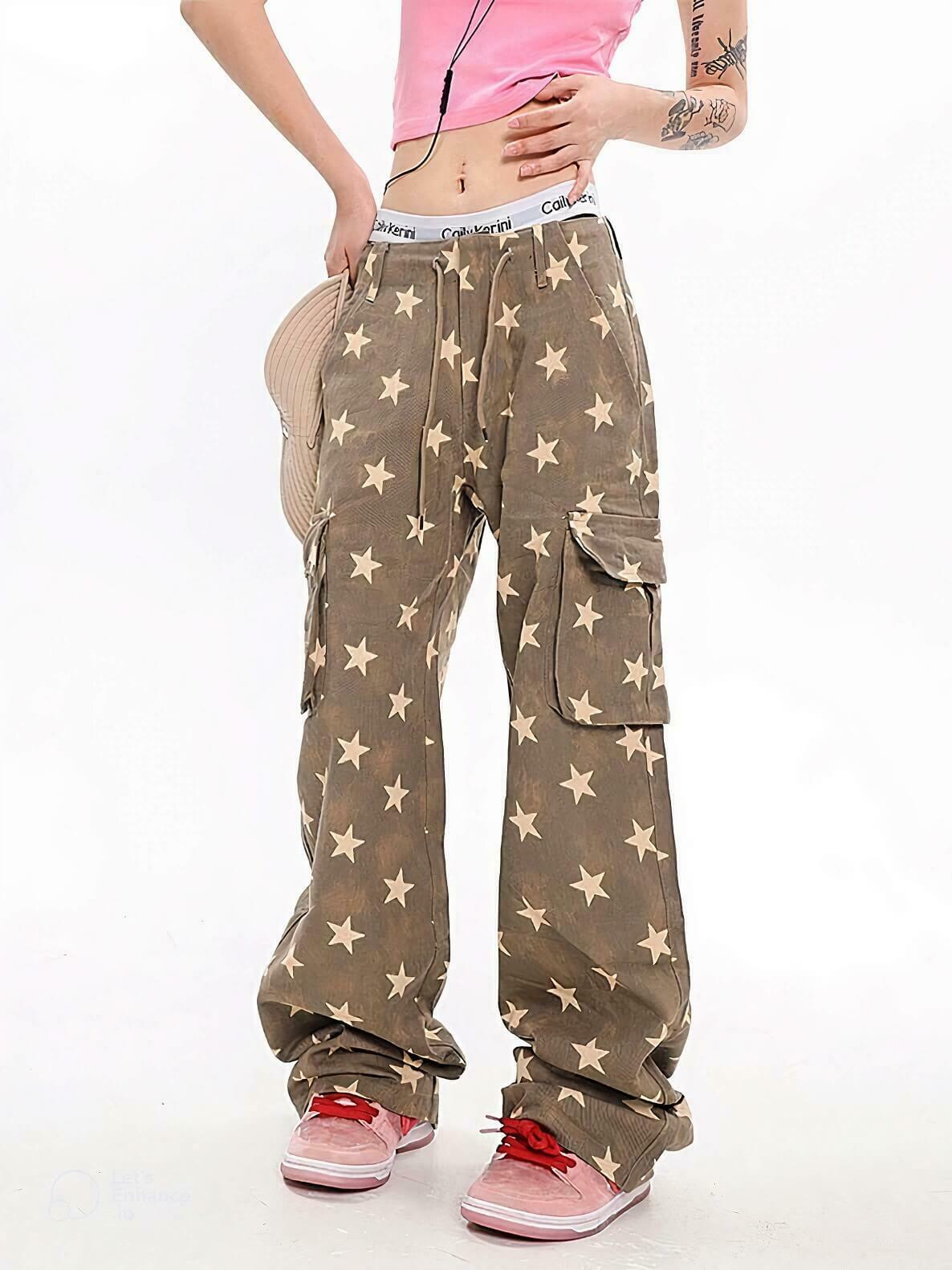 Trendy Y2K Star Low Rise Baggy Jeans with Buckles and Checkered Design for Stylish Looks