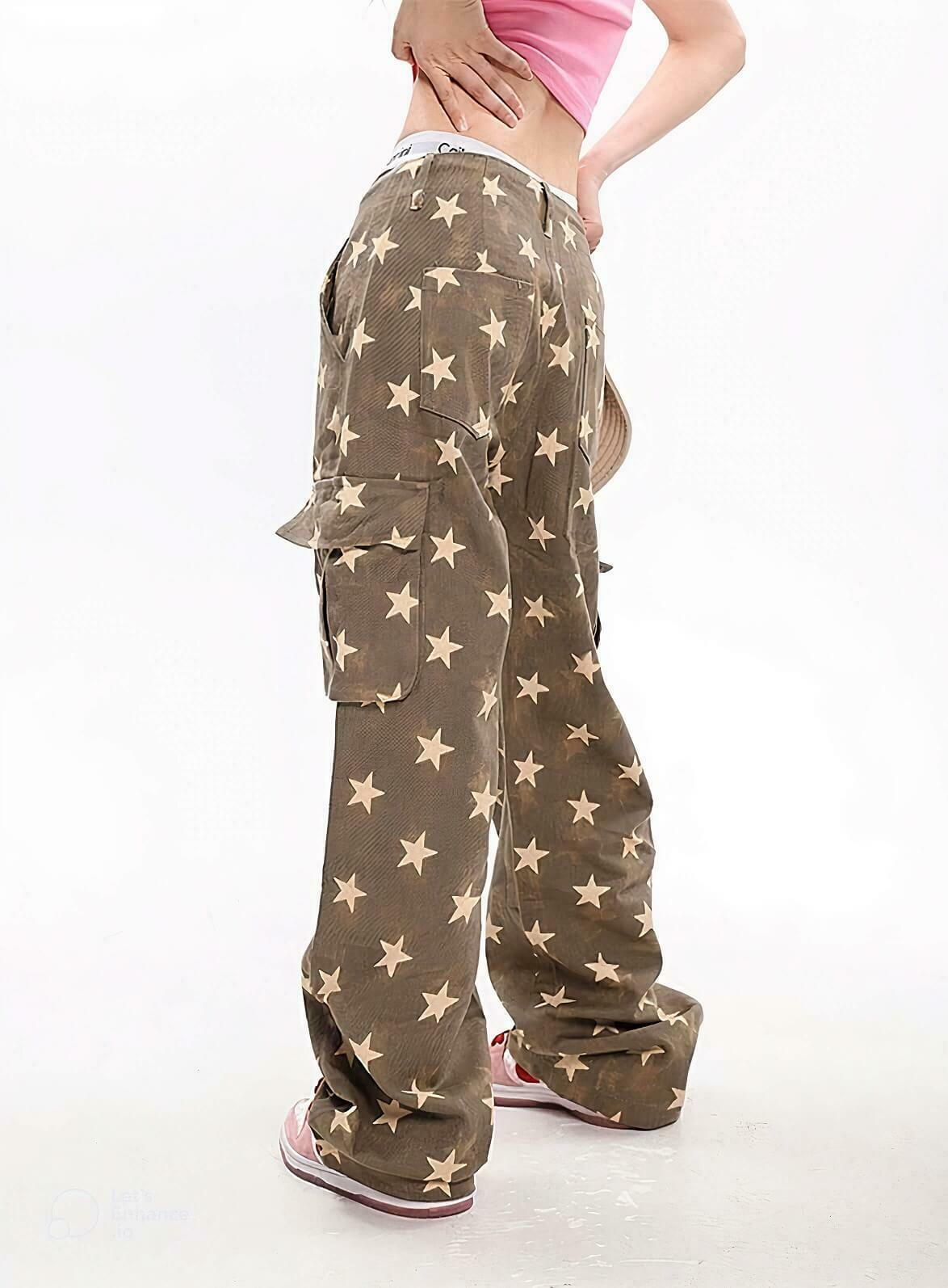 Trendy Y2K Star Low Rise Baggy Jeans with Buckles and Checkered Design for Stylish Looks