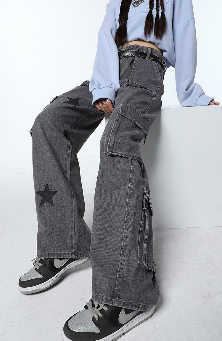 Trendy Y2K Star Printed Cargo Pants in Grey - Stylish Stars Aesthetic for Modern Fashionistas