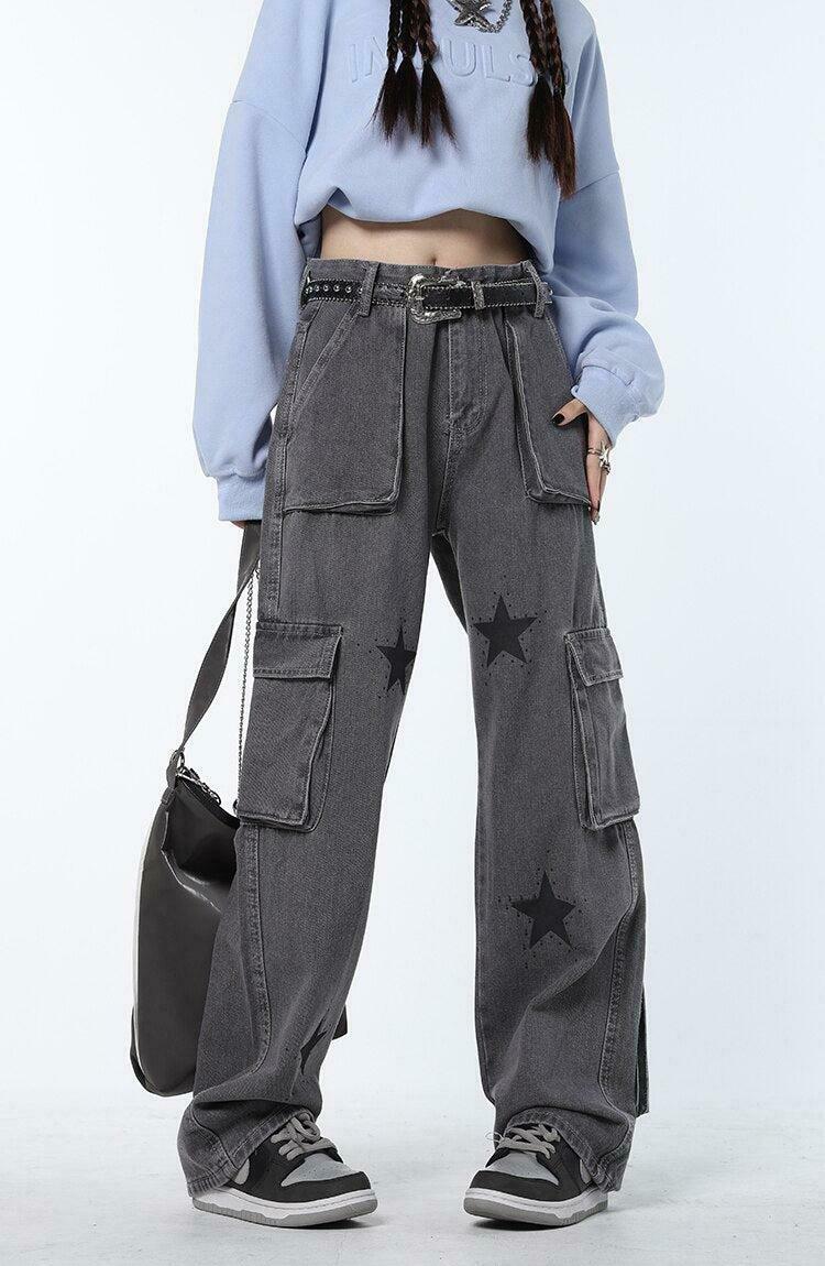 Trendy Y2K Star Printed Cargo Pants in Grey - Stylish Stars Aesthetic for Modern Fashionistas