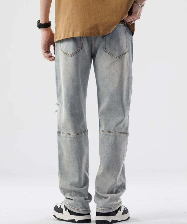 Trendy Y2K Straight Leg Distressed Knee Jeans in Brown Wash - Stylish Baggy Fit for All