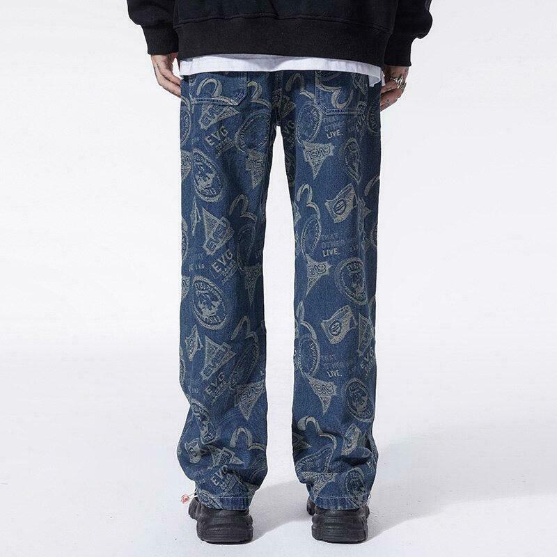 Trendy Y2K Straight Leg Printed Jeans with Buckles and Checkered Design for Stylish Looks