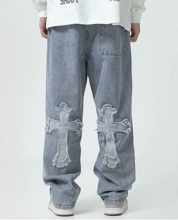 Trendy Y2K Style Cross Patchwork Baggy Jeans with Buckles and Ripped Details for a Chic Look