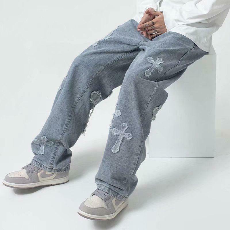 Trendy Y2K Style Cross Patchwork Baggy Jeans with Buckles and Ripped Details for a Chic Look