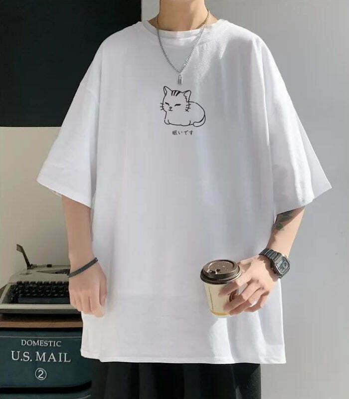 Trendy Y2K Style Lying Cat Drop Shoulder Tee - Graphic Cat Sweater for Fashion Lovers