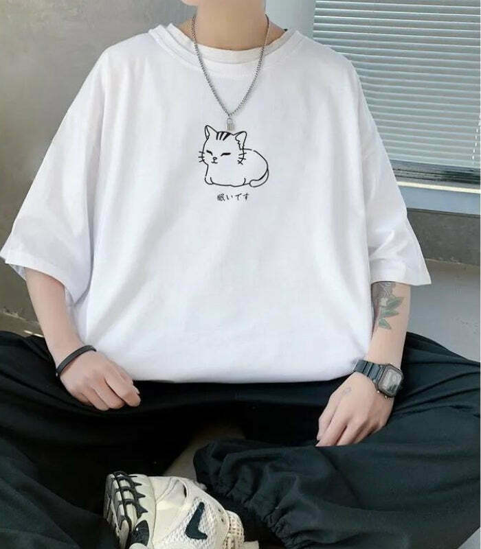 Trendy Y2K Style Lying Cat Drop Shoulder Tee - Graphic Cat Sweater for Fashion Lovers