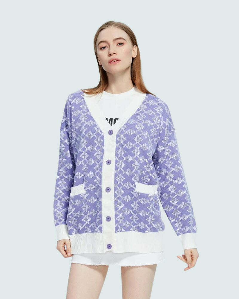 Trendy Y2K Style Purple Cardigan with Cross Pattern - Grunge-Inspired Cozy Layering Piece