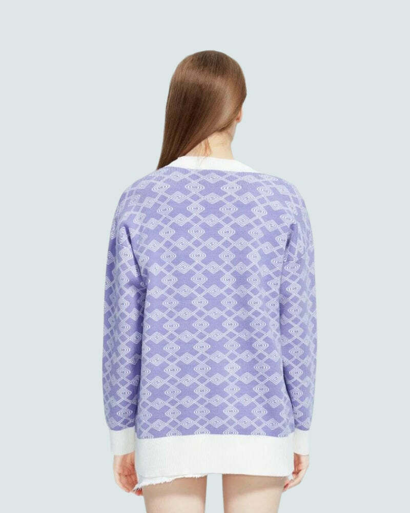 Trendy Y2K Style Purple Cardigan with Cross Pattern - Grunge-Inspired Cozy Layering Piece