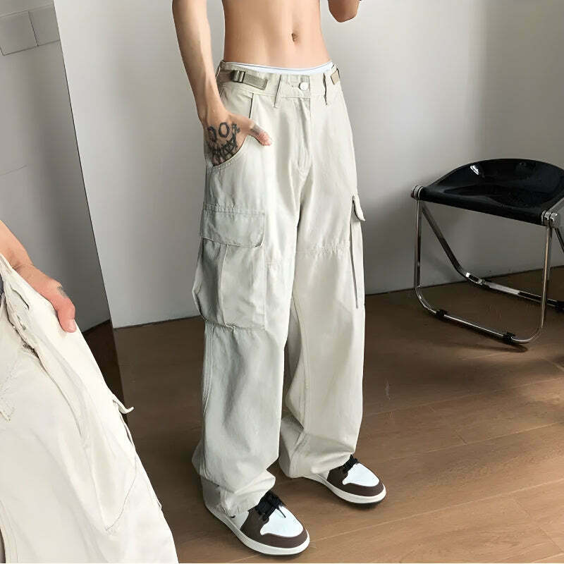 Trendy Y2K Style Side Belt Detailed Baggy Cargo Pants in Grey - Fashionable and Versatile