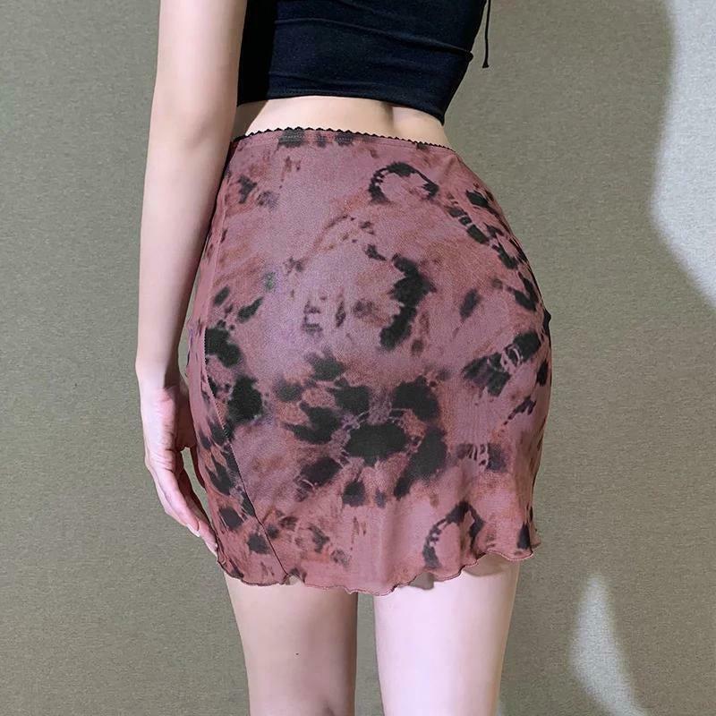 Trendy Y2K Tie Dye Mesh Mini Skirt - Stylish Khaki Pleated & Bodycon Design for Fashionistas