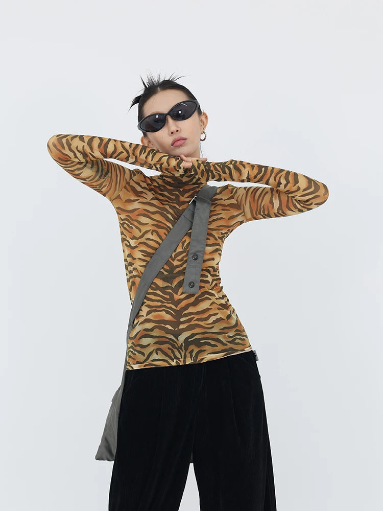 Trendy Y2K Tiger Mesh Top - Stylish Sheer Layering Piece for Bold Fashion Statements