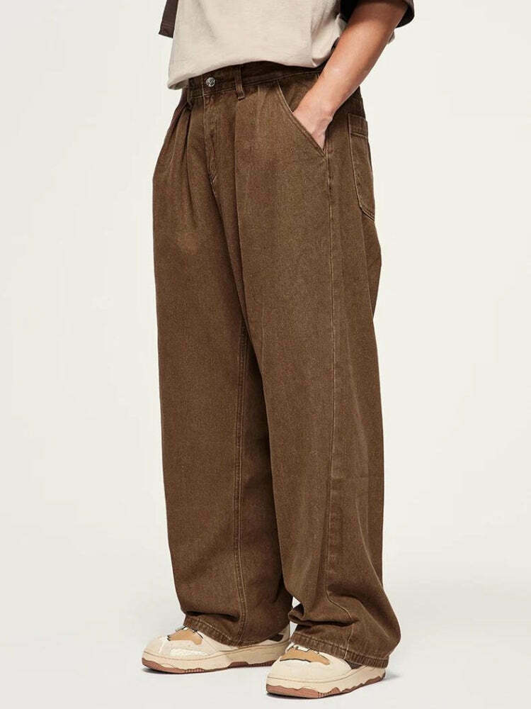 Trendy Y2K Wide Leg Denim Jeans for Kids - Brown Washed, Baggy Style with Buckles