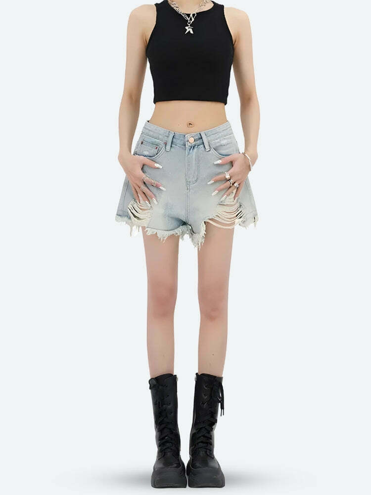 Trendy Y2K Wide Leg Ripped Denim Shorts with Vintage Appeal for Effortless Style