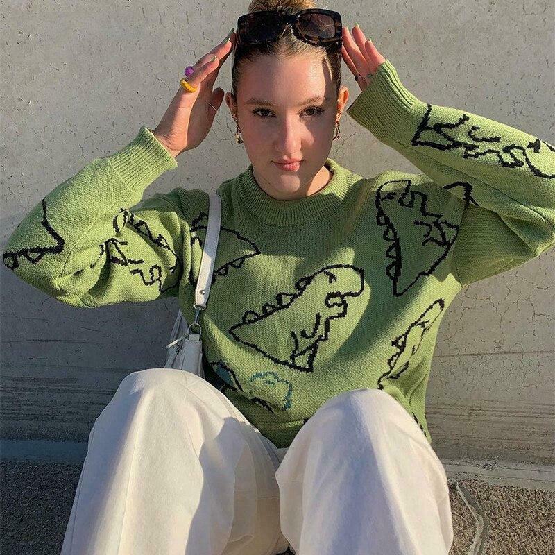 Unique Dinosaur Knitted Sweater - Aesthetic Y2K Fashion with Embroidery & Cozy Comfort