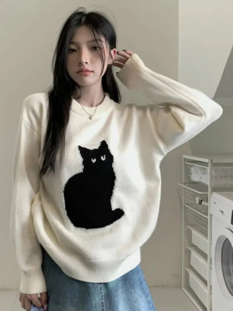 Unique Y2K Cat Skeleton Sweater for Humans - Aesthetic Embroidery Cream Cropped Style