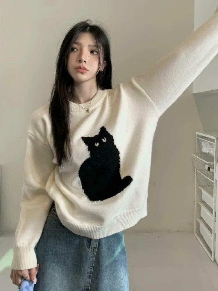 Unique Y2K Cat Skeleton Sweater for Humans - Aesthetic Embroidery Cream Cropped Style