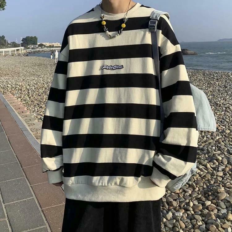 Unisex Vintage Striped Embroidered Sweatshirt - Trendy Y2K Aesthetic Oversized Style