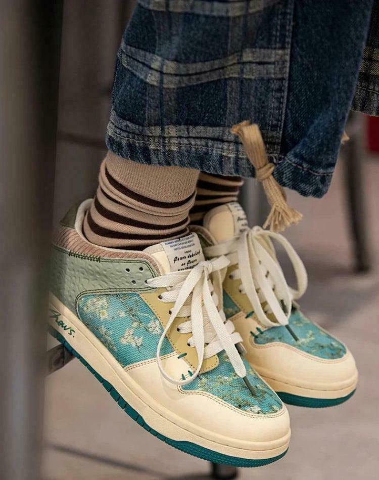 Van Gogh Almond Blossom Sneakers - Stylish Pink and Blue Y2K Fashion Heart Sneakers