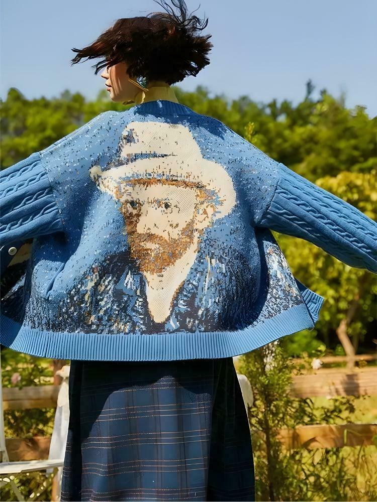 Van Gogh Self Portrait Cardigan - Stylish Blue Floral Grunge Y2K Fashion Statement