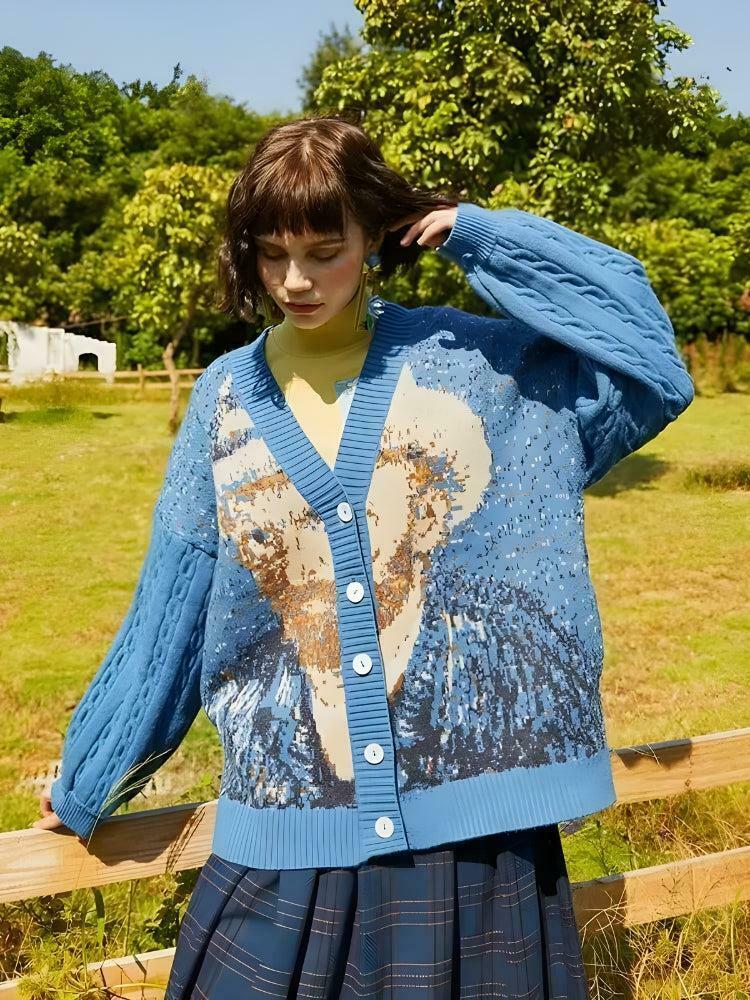 Van Gogh Self Portrait Cardigan - Stylish Blue Floral Grunge Y2K Fashion Statement