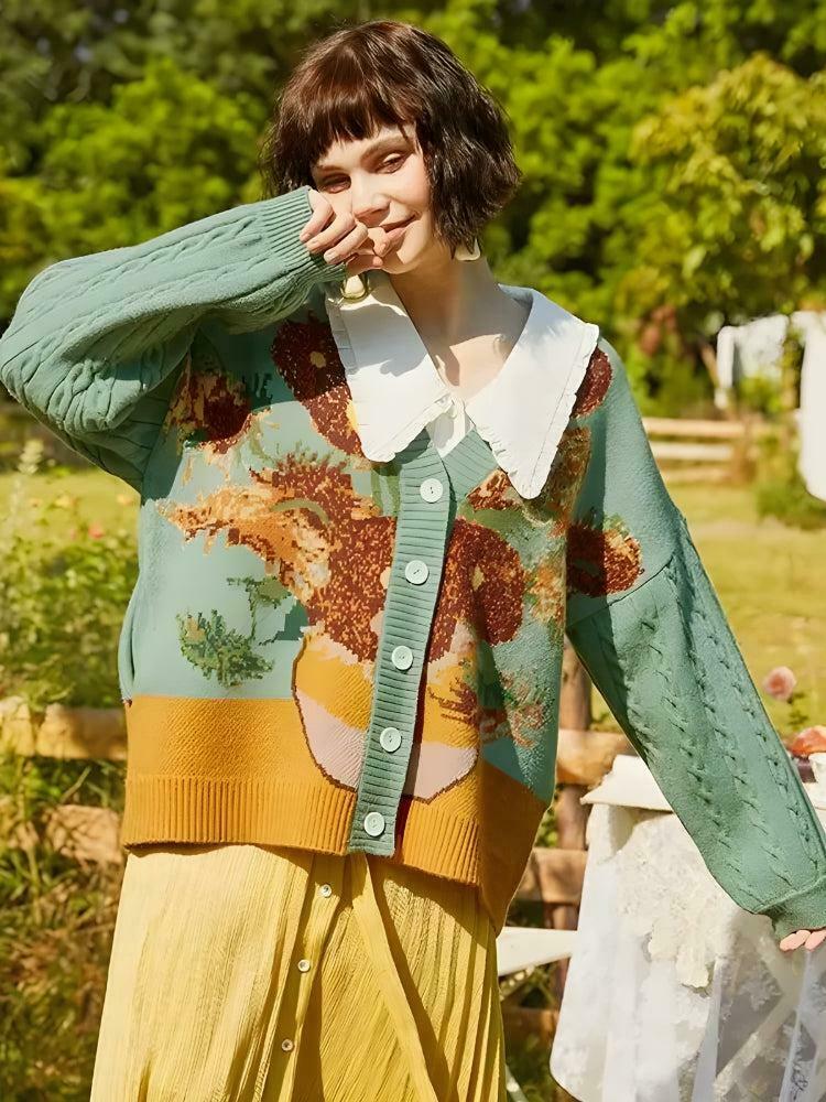 Van Gogh Sunflowers Grunge Cardigan - Stylish Blue Floral Coquette Letterman Sweater