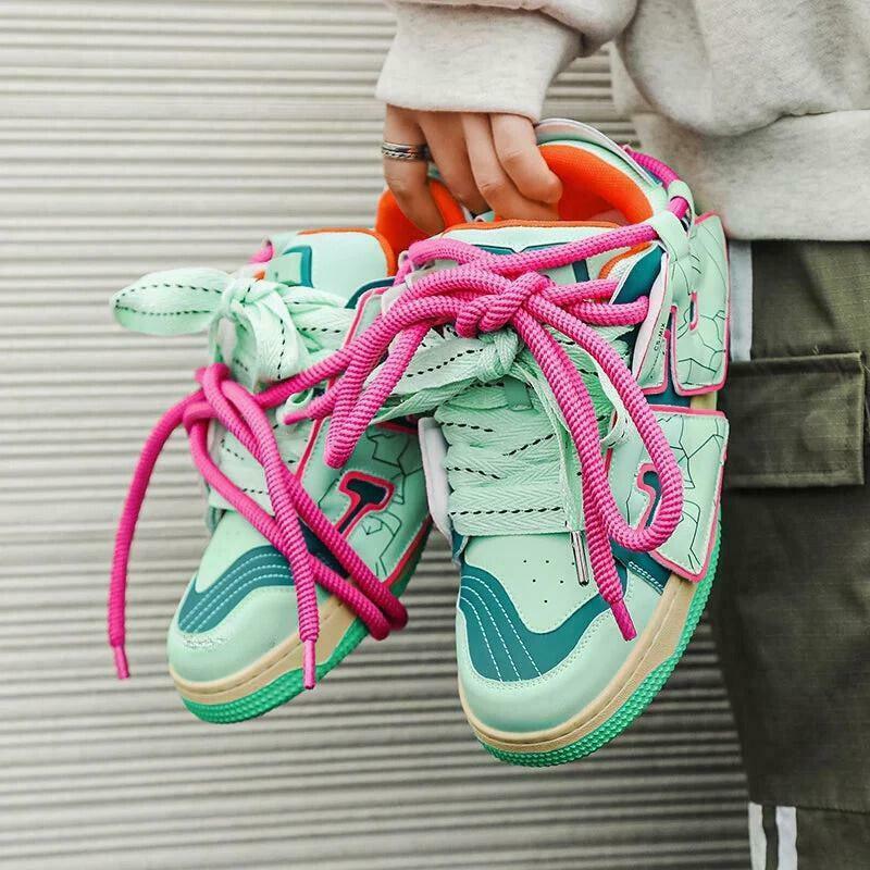 Vibrant Y2K Neon Sneakers with Heart Design - Pink and Blue Mystery Box Style