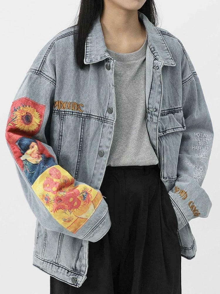 Vincent Van Gogh Color Block Denim Jacket - Trendy Y2K Style with Artistic Flair