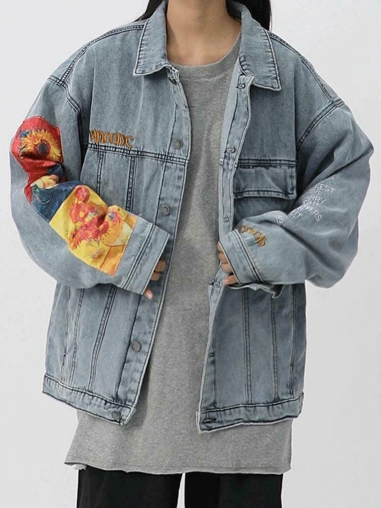 Vincent Van Gogh Color Block Denim Jacket - Trendy Y2K Style with Artistic Flair