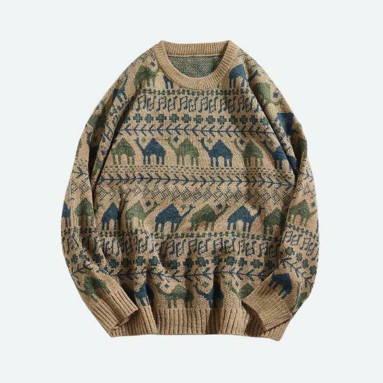 Vintage Camel Knitted Sweater - Aesthetic Y2K Style with Unique Embroidery and Cozy Fit