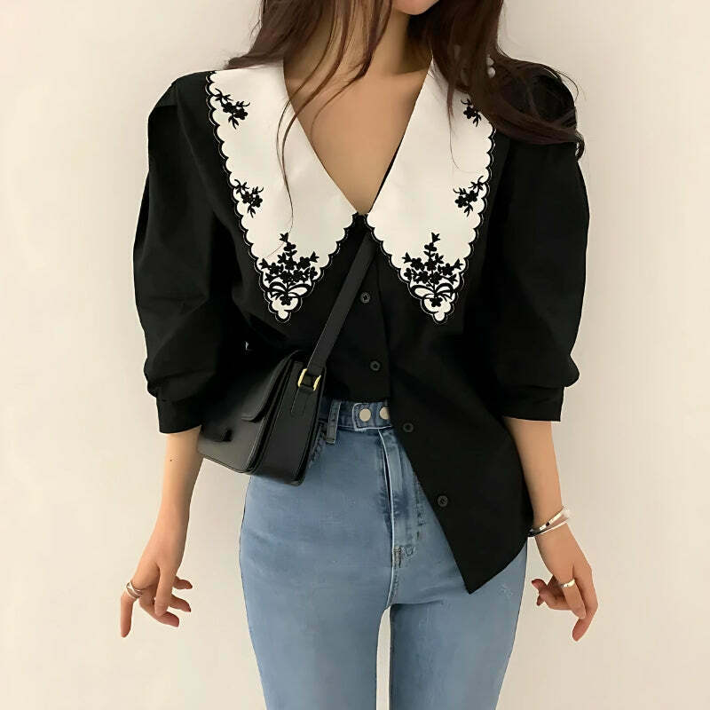 Vintage Embroidered Collar Shirt - Y2K Aesthetic with Cute Design and Unique Detailing