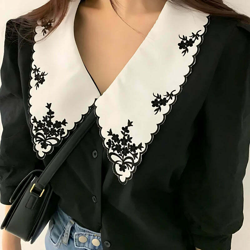 Vintage Embroidered Collar Shirt - Y2K Aesthetic with Cute Design and Unique Detailing