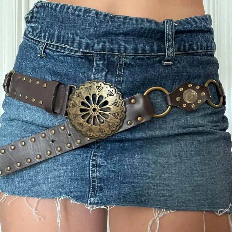 Vintage Ethnic Designed Buckle Belt - Y2K Bedazzled Leather Belt for Trendy Cowgirl Style