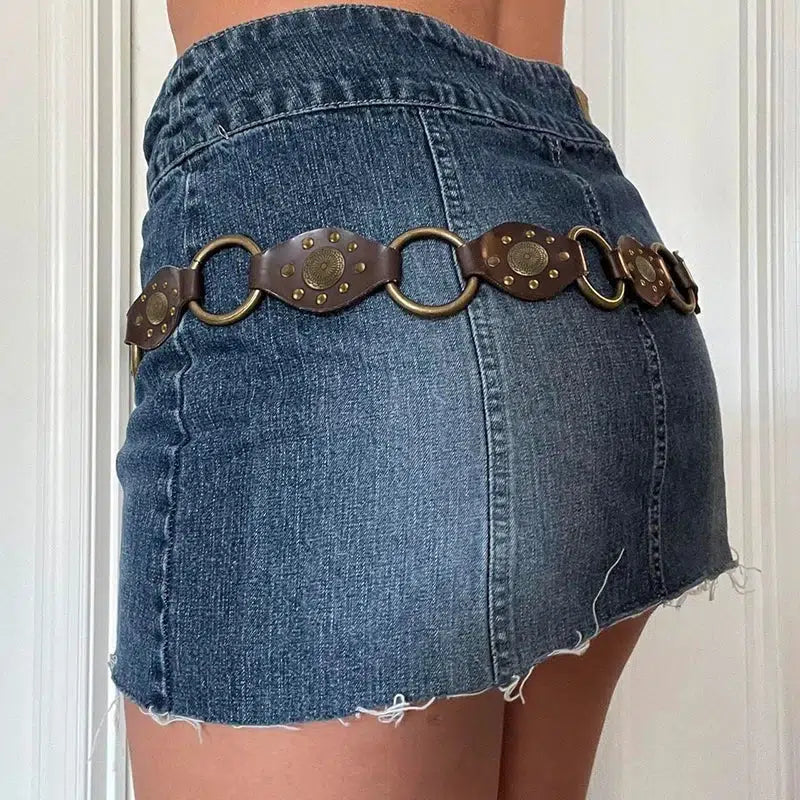 Vintage Ethnic Designed Buckle Belt - Y2K Bedazzled Leather Belt for Trendy Cowgirl Style