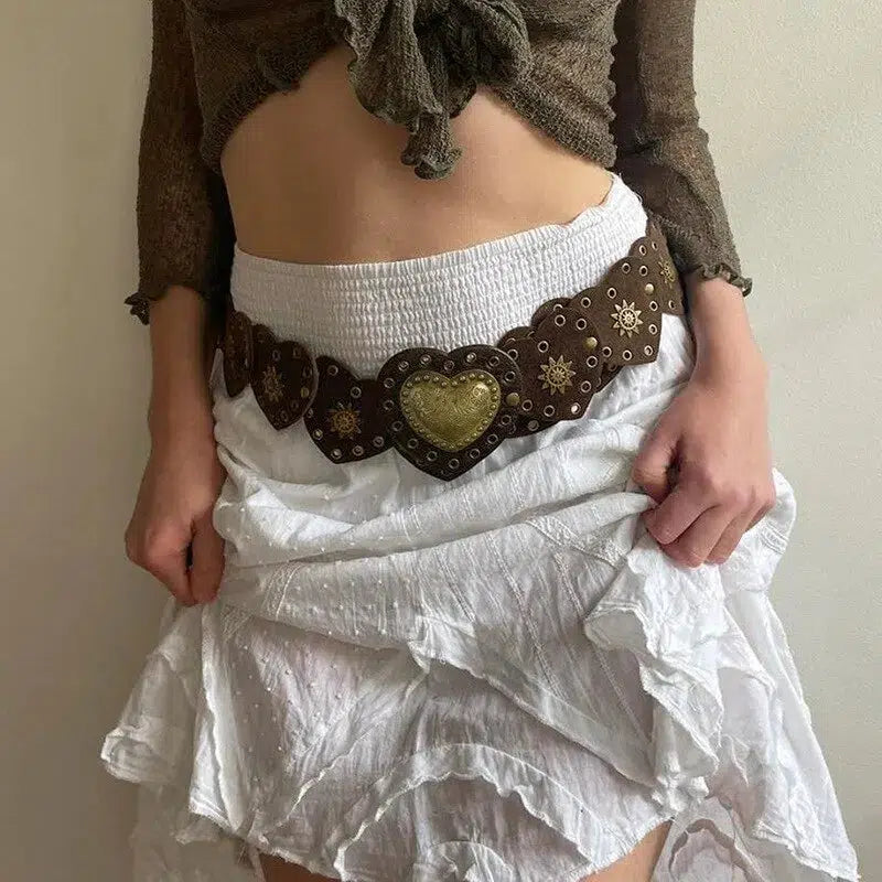 Vintage Ethnic Heart Suede Waist Belt - Bedazzled Y2K Style with Adjustable Oval Buckle