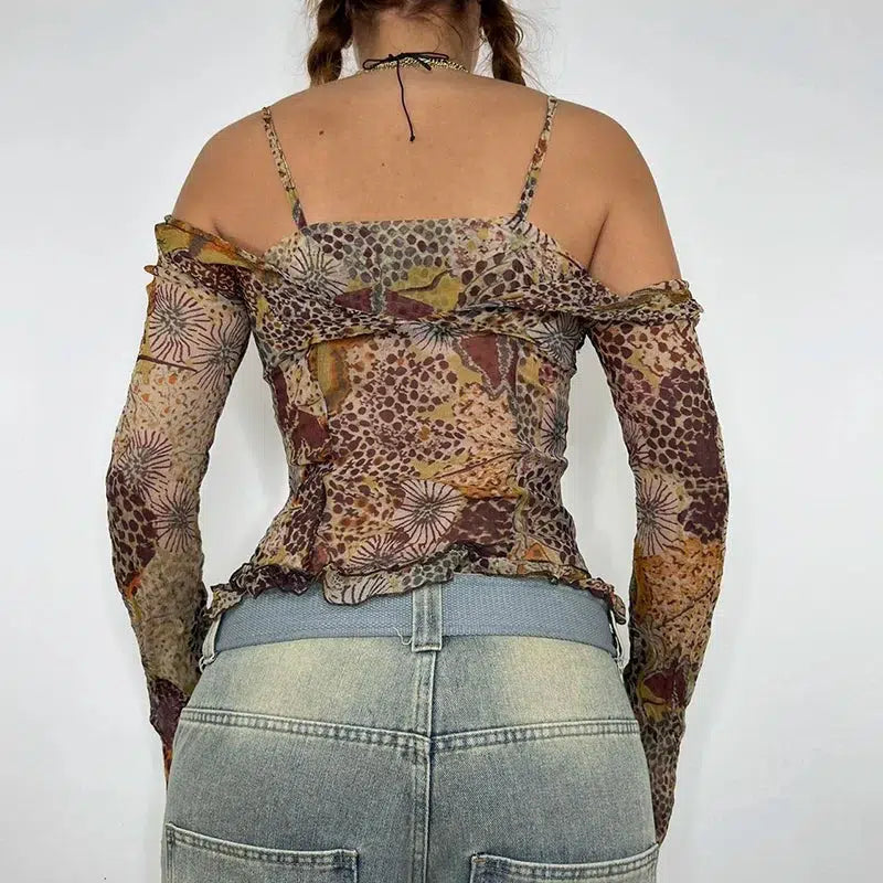 Vintage Floral Print Fairycore Mesh Top with Bow Tie Detail - Y2K Crop Top Style