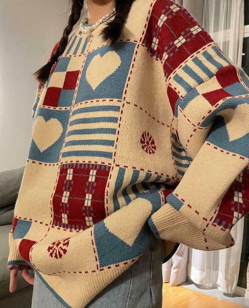 Vintage Heart Pattern Sweater - Aesthetic Y2K Style with Unique Design and Cozy Comfort